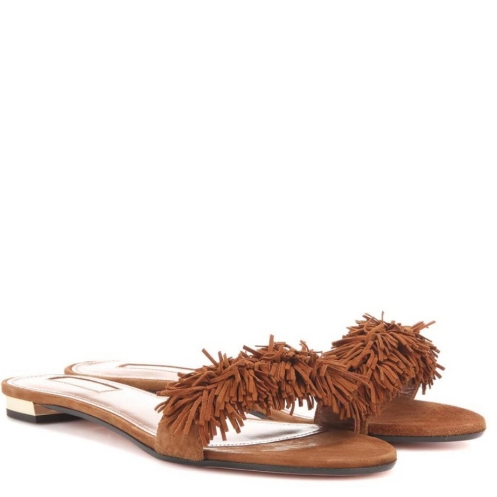 Aquazzura Italy Wild Thing Suede Flats Luxury Slide Sandals Brown EU 37